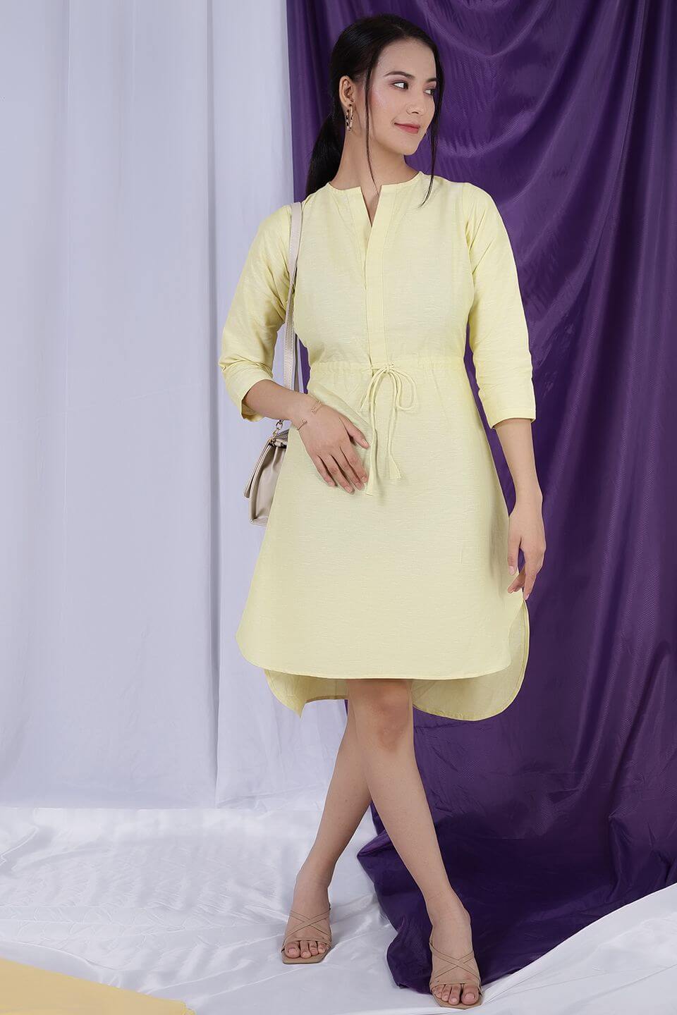 Cotton Linen Mini Yellow Dress