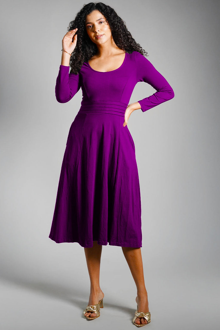 Purple Cotton Jersey Pleat Waist Dress