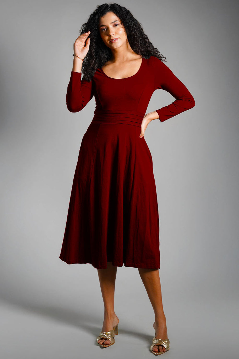 Maroon Cotton Jersey Pleat Waist Dress