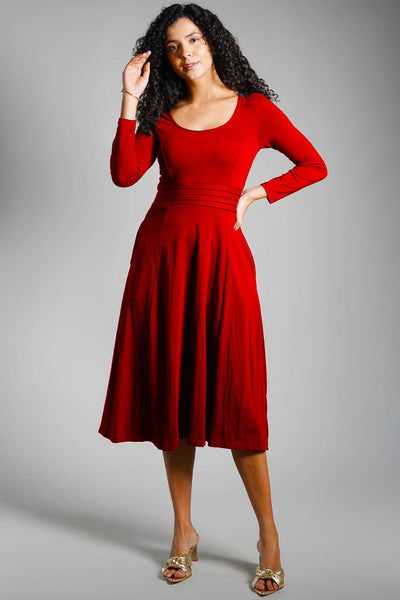 Red Cotton Jersey Pleat Waist Dress