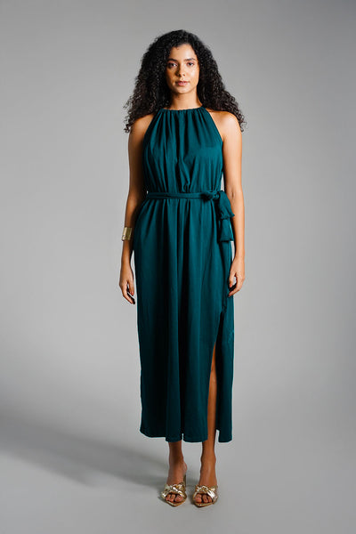 Teal Cotton Jersey Maxi Halter Dress