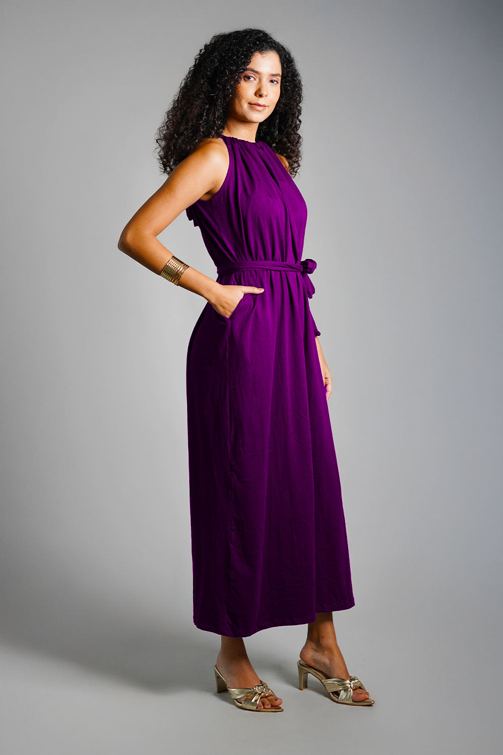 Purple Cotton Jersey Maxi Halter Dress