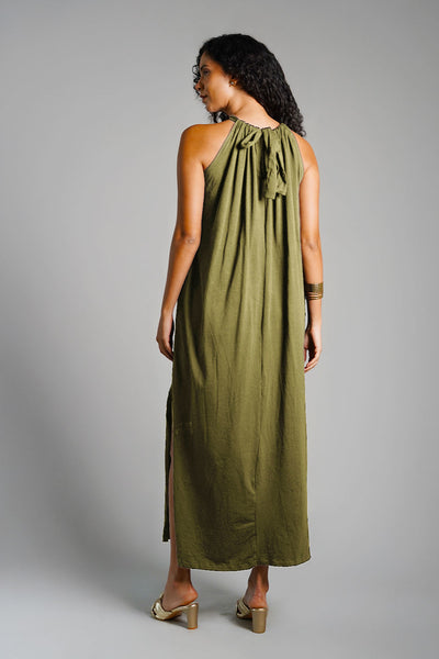 Olive Cotton Jersey Maxi Halter Dress