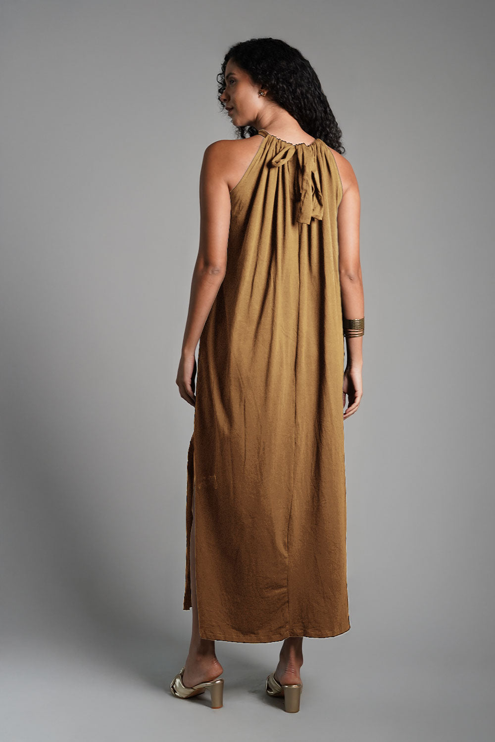 Beige Cotton Jersey Maxi Halter Dress
