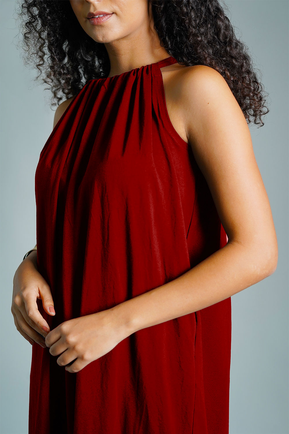 Maroon Cotton Jersey Maxi Halter Dress