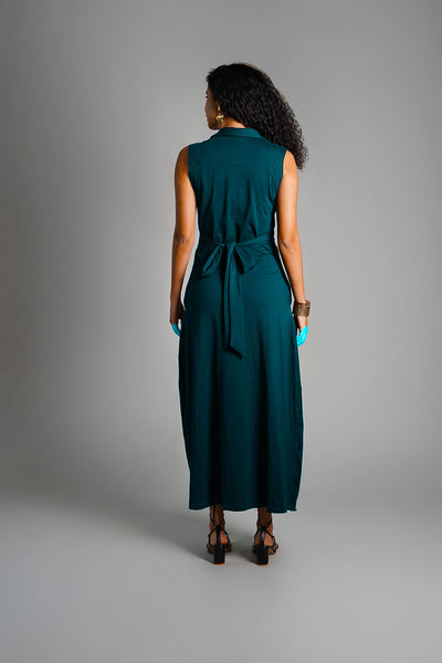 Teal Ruched Cotton Jersey Tie-Back Shirt Dress