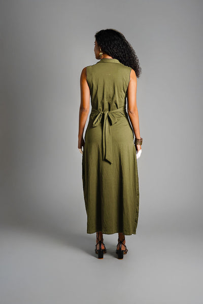Olive Ruched Cotton Jersey Tie-Back Shirt Dress