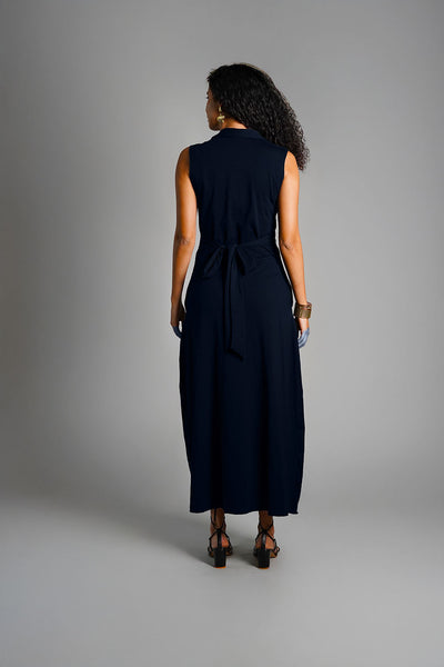 Navy Ruched Cotton Jersey Tie-Back Shirt Dress