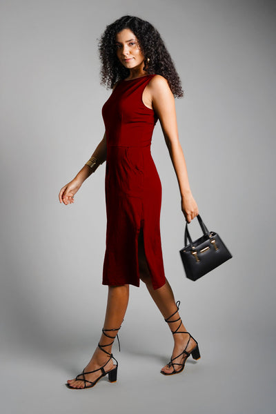 Maroon Cotton Jersey Knit Vented Sheath Dress