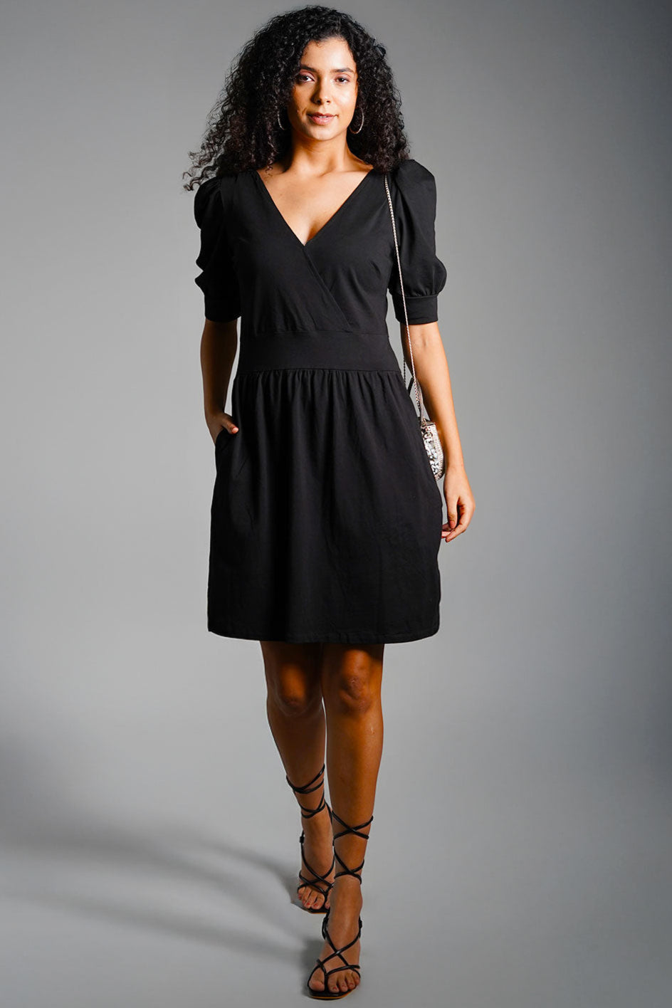 Puff Sleeve Black Cotton Jersey Surplice Dress