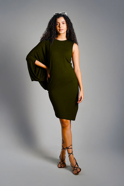 Asymmetric Hem Forest Green Jersey Knit Dress