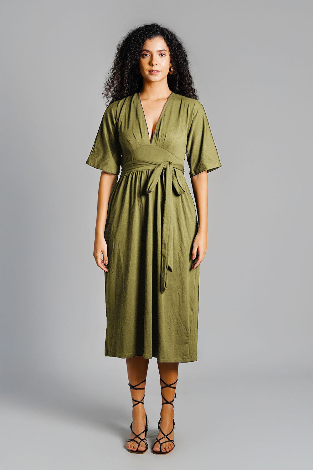 Olive Jersey Knit Plunge Sash Tie Dress