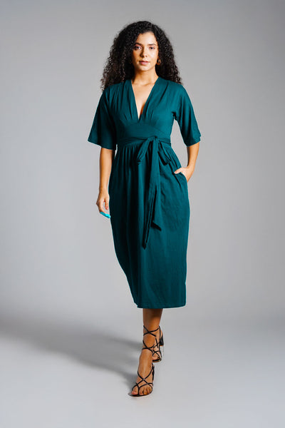 Teal Jersey Knit Plunge Sash Tie Dress