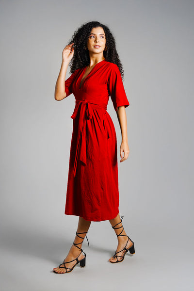 Red Jersey Knit Plunge Sash Tie Dress