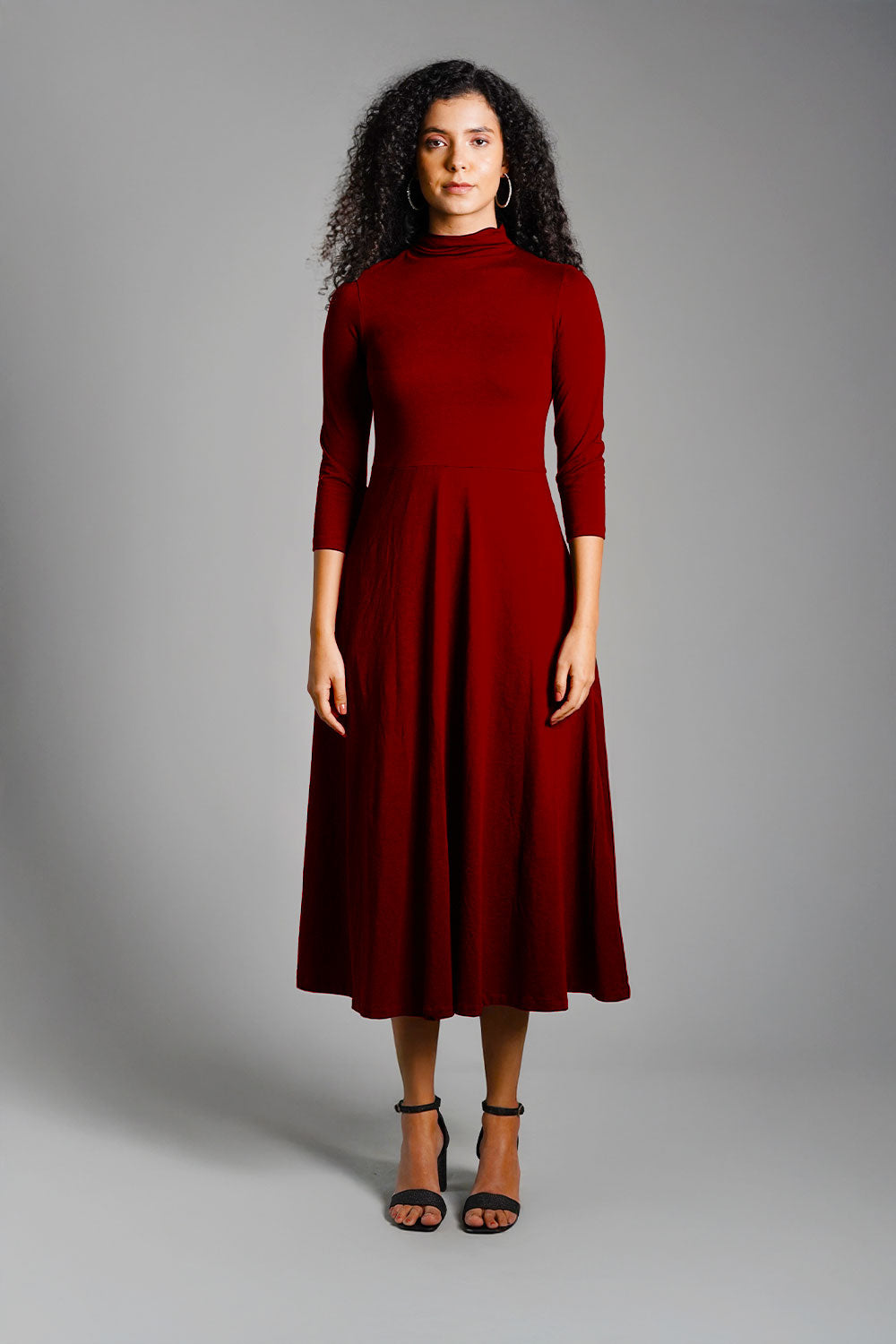 Maroon High Neck Jersey Knit A-Line Dress