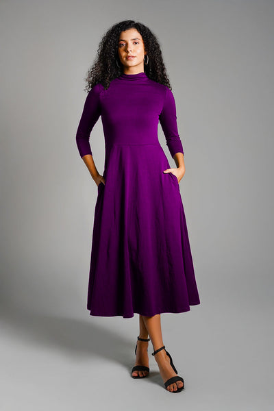 Purple High Neck Jersey Knit A-Line Dress