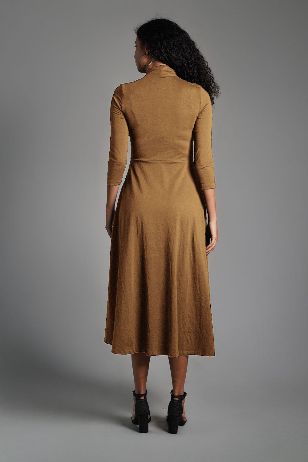 Beige High Neck Jersey Knit A-Line Dress