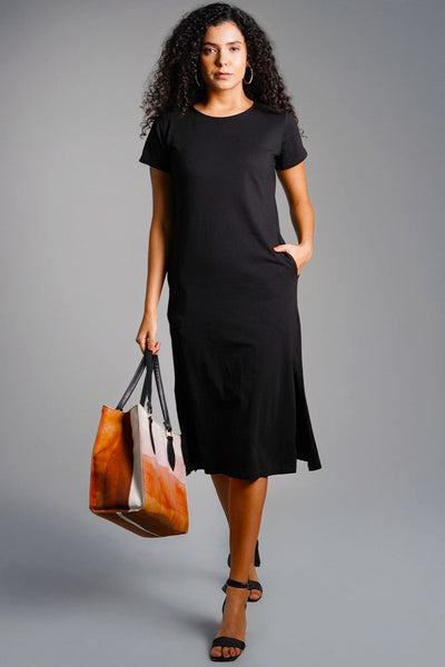 Black Cotton Jersey Vented Shift Dress
