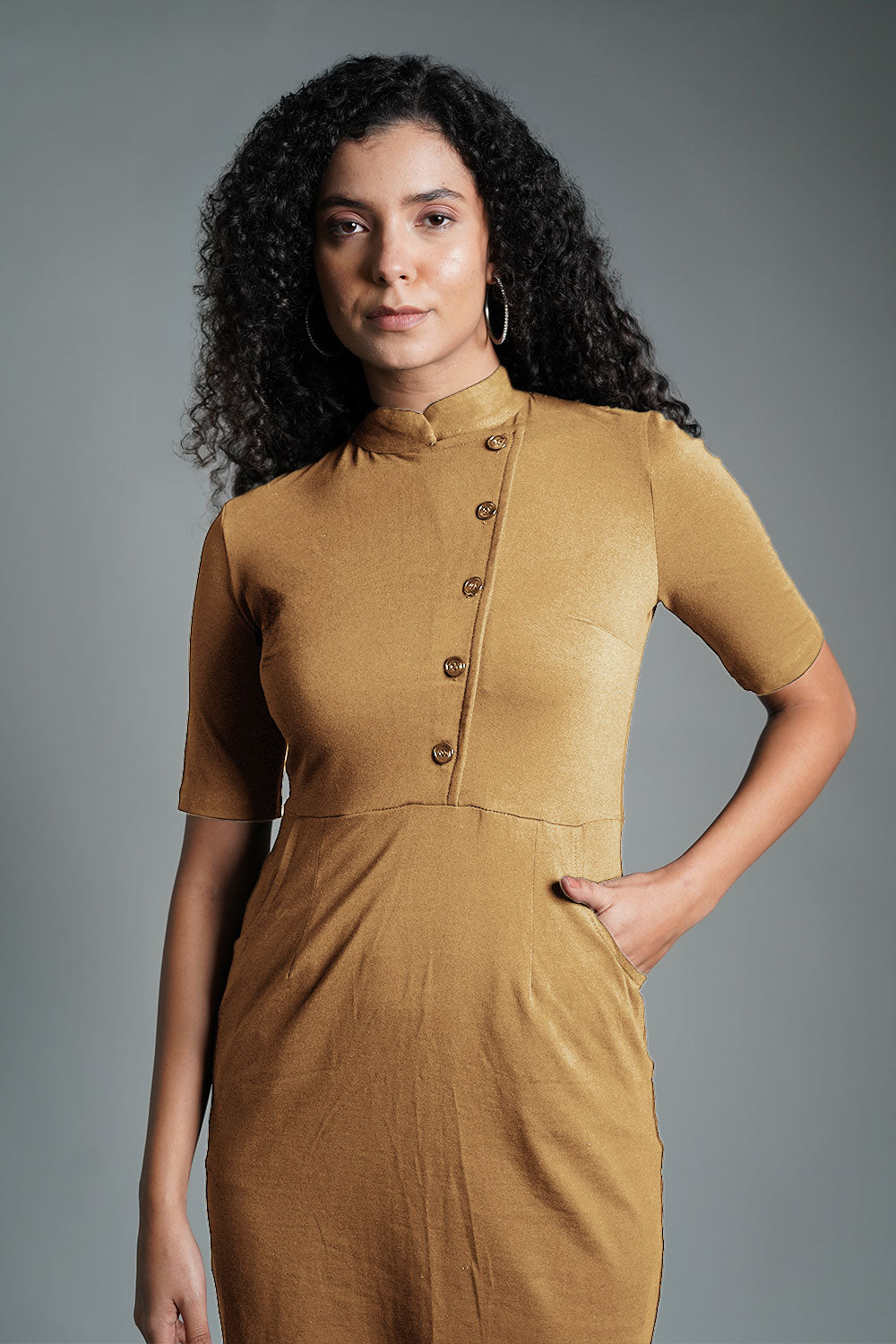Faux Button Front Beige Cotton Jersey Sheath Dress