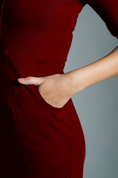 Faux Button Front Maroon Cotton Jersey Sheath Dress