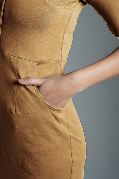 Faux Button Front Beige Cotton Jersey Sheath Dress