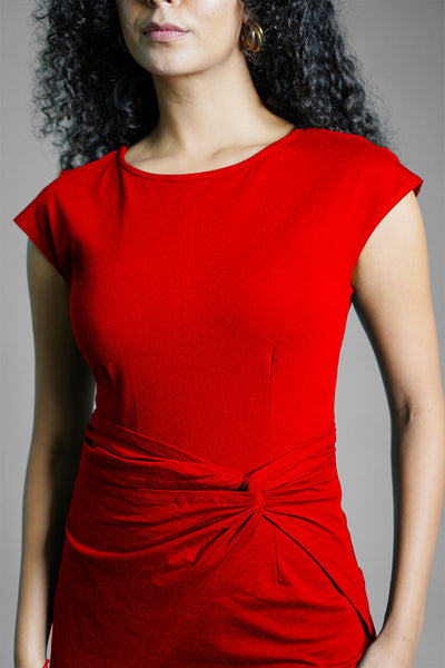 Twist Waist Red Cotton Jersey Sheath Dress